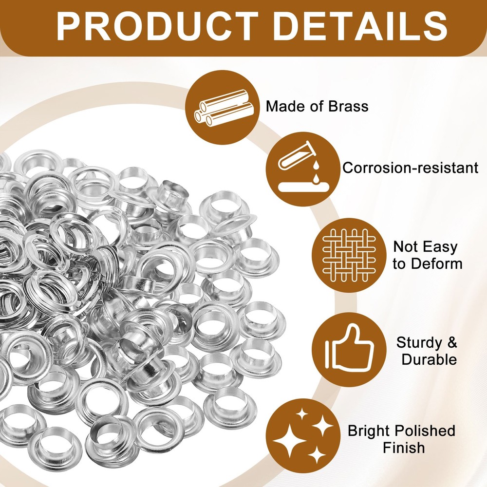 100 Sets Grommets Eyelets, 6mm Brass Self Backing Eyelets, Silver Tone