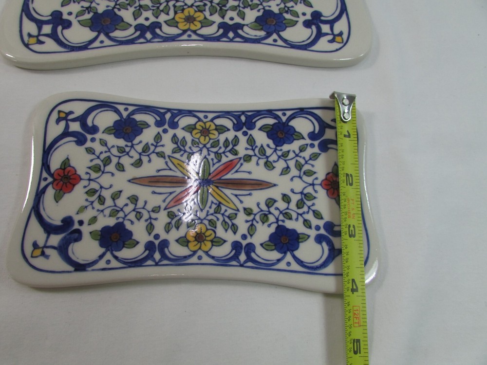 2- Ceramic Porcelain Floral Hand Painted Rectangular Trinkets 7" and 8.5"