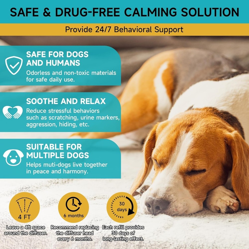 2 Diffusers & 4 Refills - Dog Calming Diffuser for Stress Relief, Lasts 120 Days