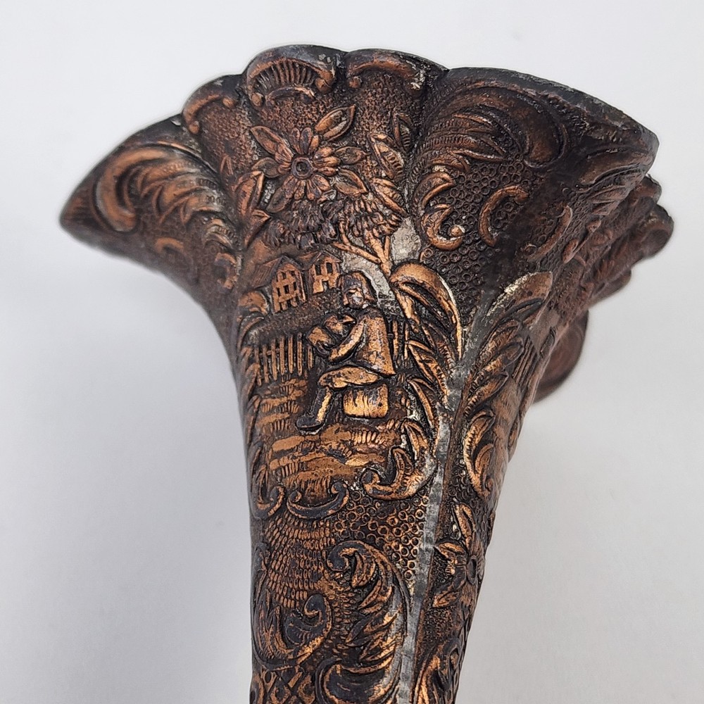 Pair 2 Fluted Copper Plated Metal 4" Bud Vases Dutch & Floral Embossed Theme