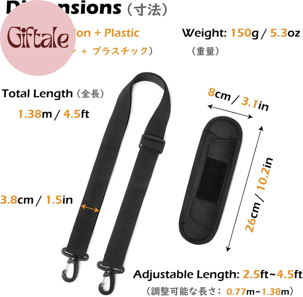 Bag Shoulder Strap Replacement Adjustable Strap with Padded Metal Hooks for Cros