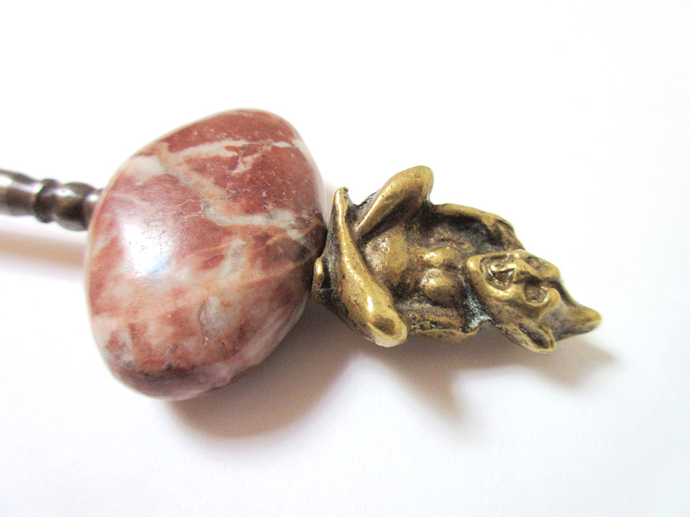 Antique Brass Button Hook Agate Seated Pixie