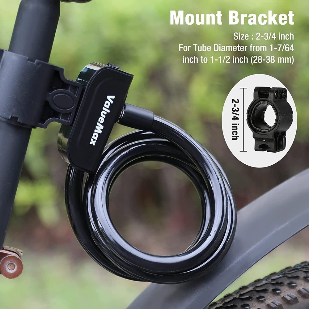 ValueMax Cable Bike Lock 4FT Stainless Keys ABS Lock Shell Secure Mount Bracket