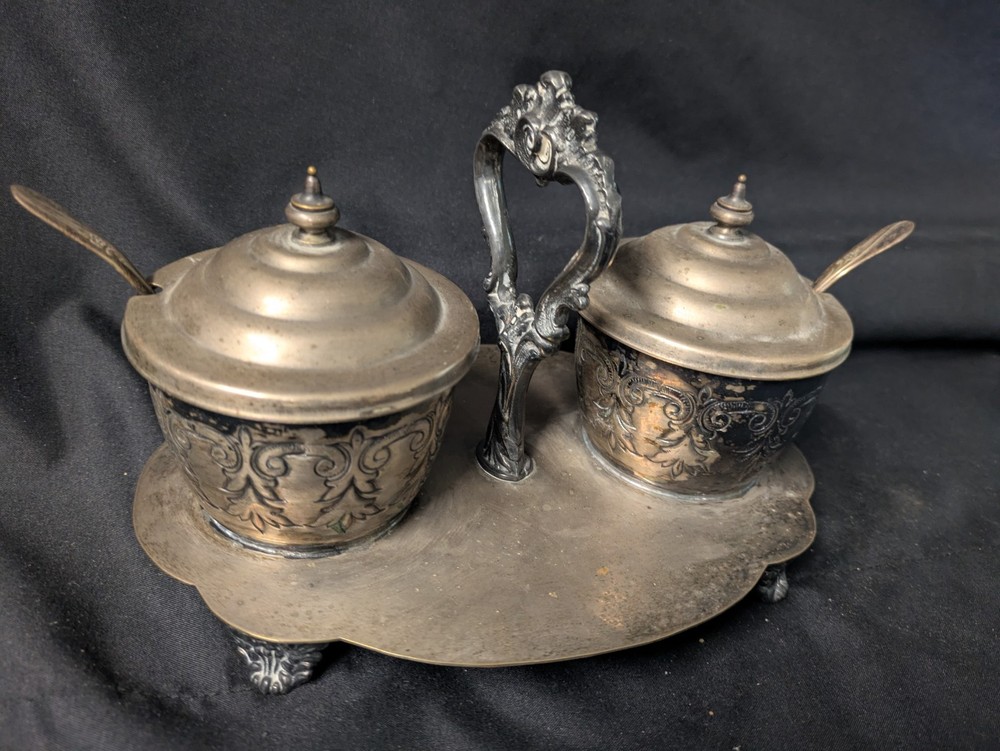 Vintage Silver Plated Floral Condiment Jam Caddy w Spoons Crown Stars Mark