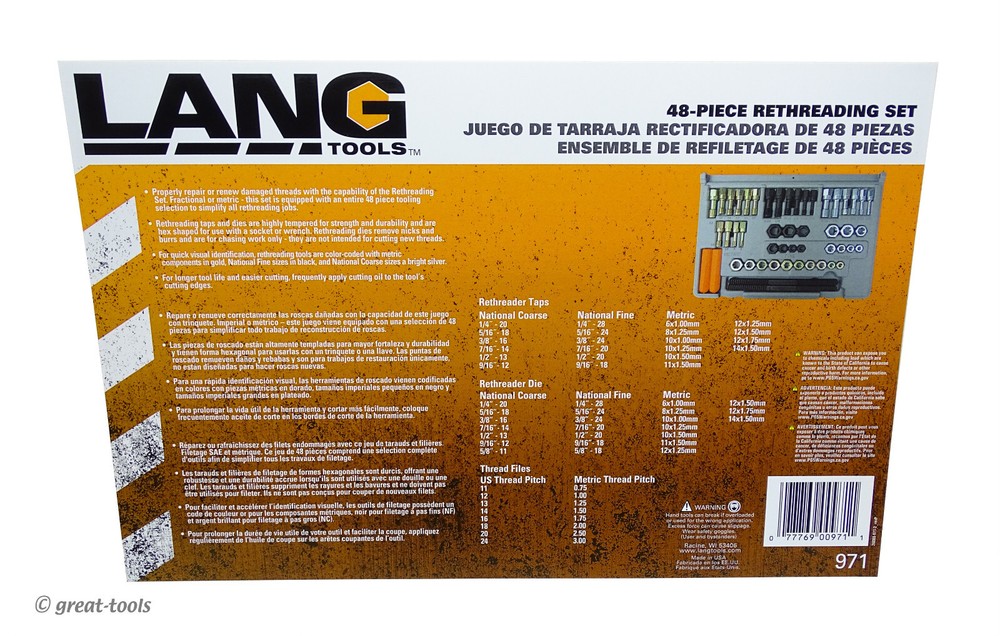 48-PC RETHREADING SET – USA made Lang Tools thread restorer tap & dies