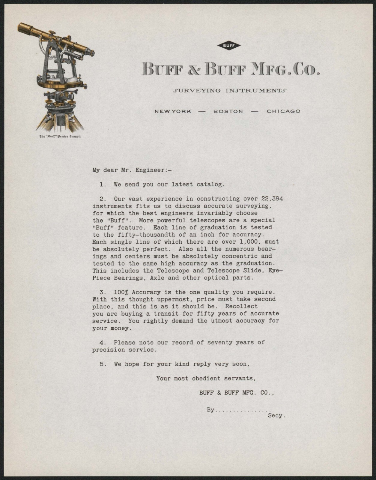 Vintage letterhead BUFF and BUFF MFG CO Surveying Transit pic NY Boston Chicago