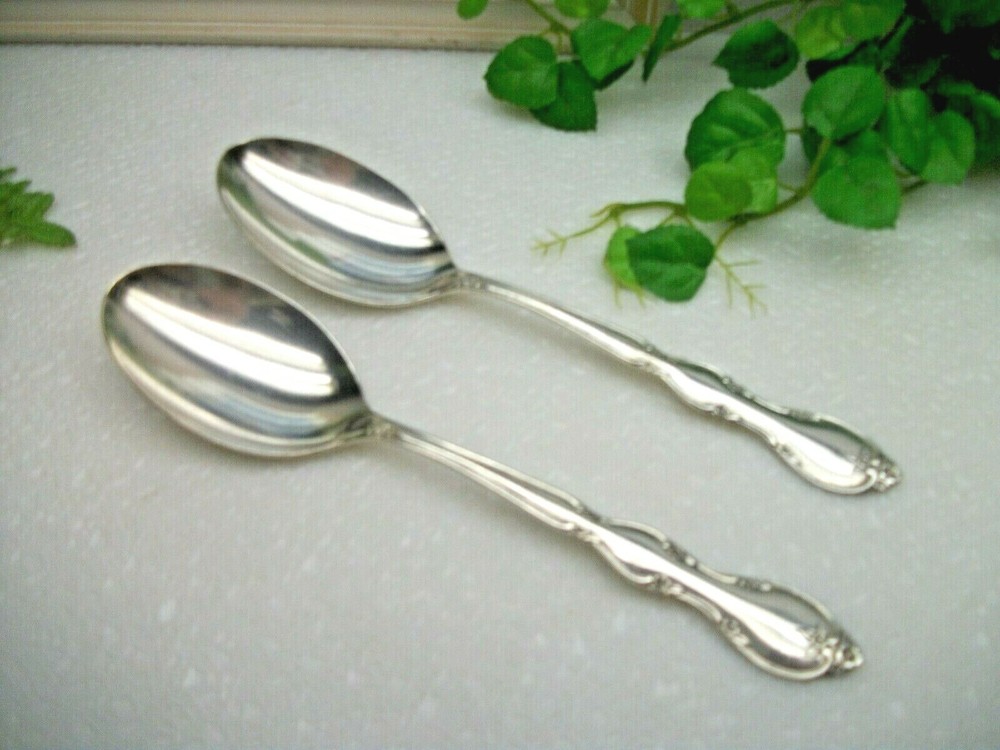 2 International Deep Silver JULIETTE Silverplate Solid Serving Spoons 1965