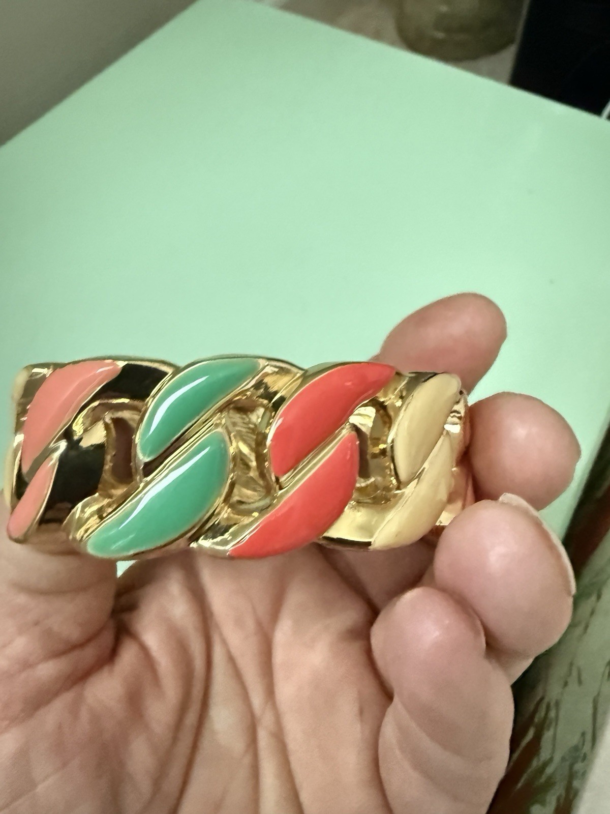 Vtg. Bracelet Gold Tone Enamel Hinged Clamp Openwork Spring colors