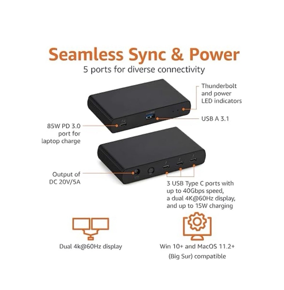 Basics Thunderbolt 4 USB4 High Speed Docking Station Hub w/ Power Adapter New