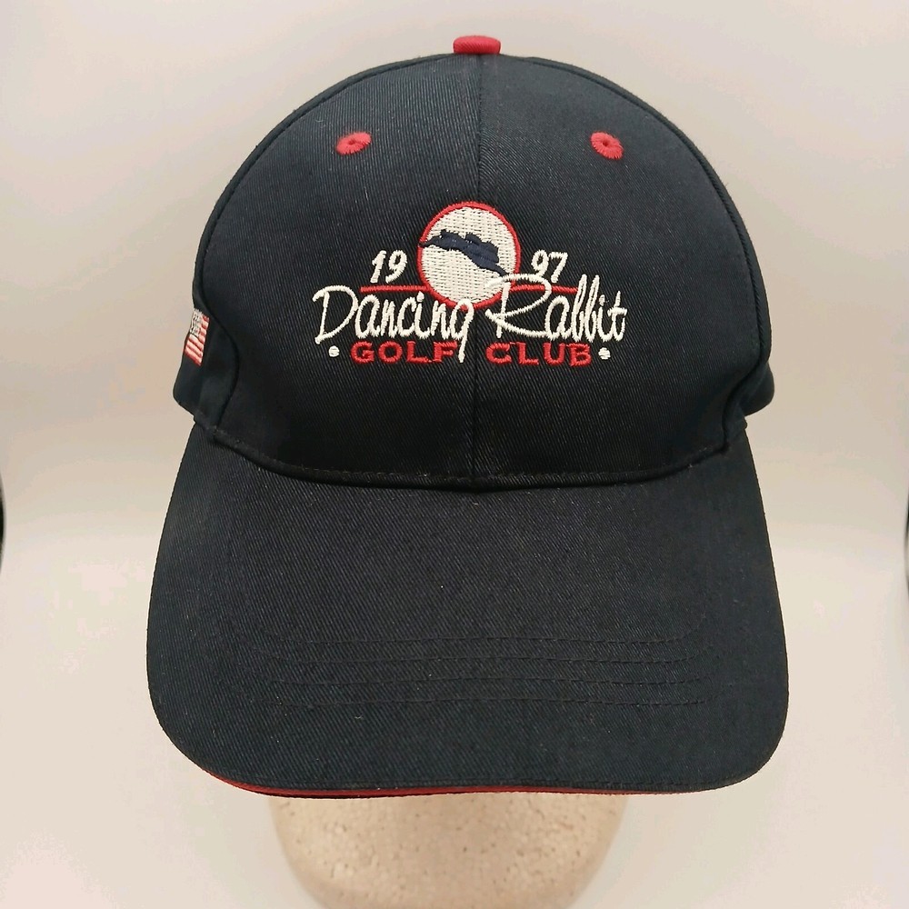 Dancing Rabbit Golf Club Hat Cap Ahead Strapback Navy Blue White Red Script Flag