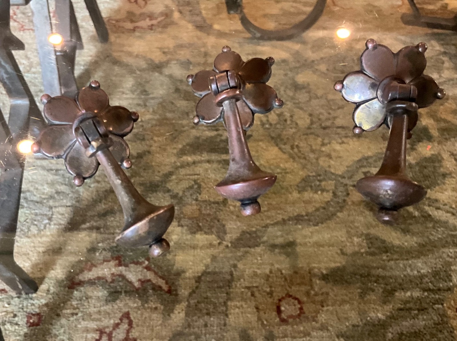 (3) Antique Brass Pendant Teardrop Drawer Pulls w/Backplates