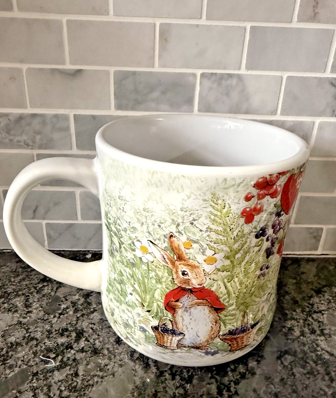 Peter Rabbit 14oz Mug Easter Vibrant Flowers w/Strawberries (BEATRIX POTTER) NEW