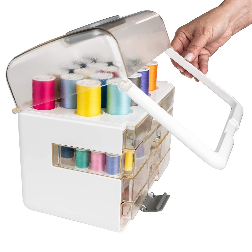 Portable Sewing Tool Set with 40 Thread Spools and Customizable Storage System