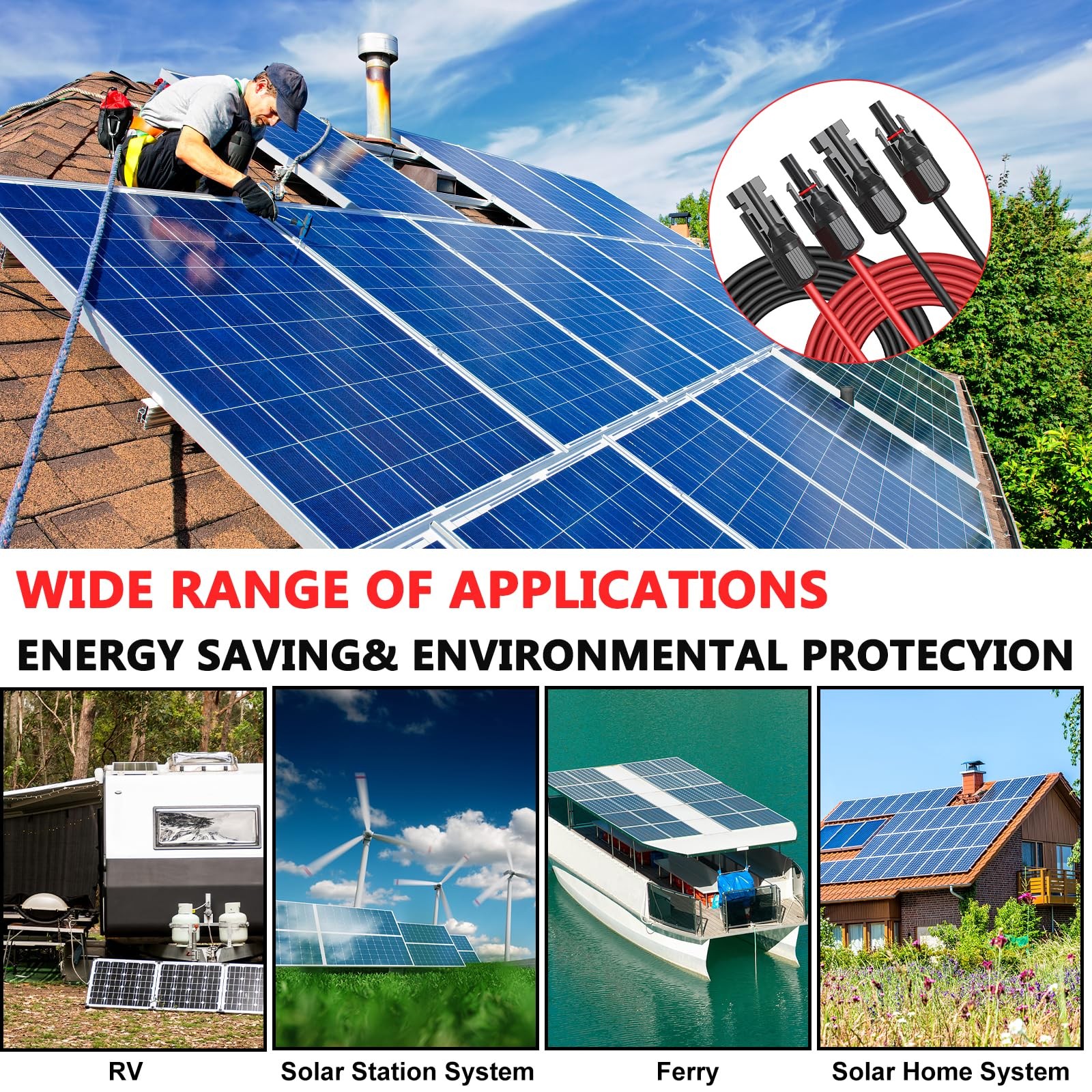 Vansdon 2x30 Feet Solar Panel Extension 30 10AWG, Black& Red 10AWG