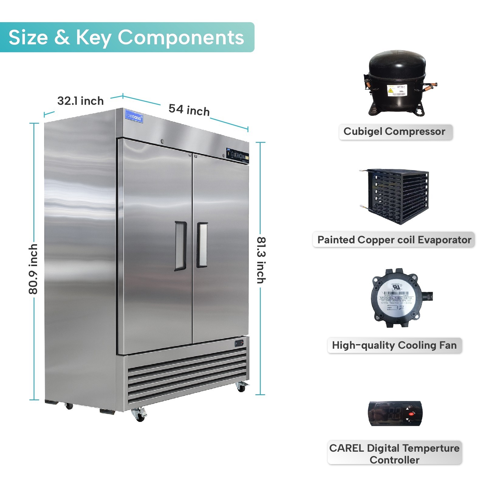 54" Commercial Freezer, ICECASA 2 Door Reach-In Freezer 49 Cu.ft