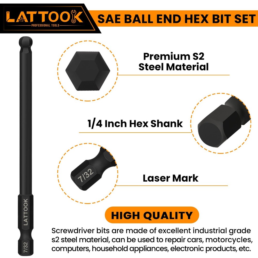 Ball End Hex Head Allen Wrench Drill Bit Set, LATTOOK 10pcs Bits