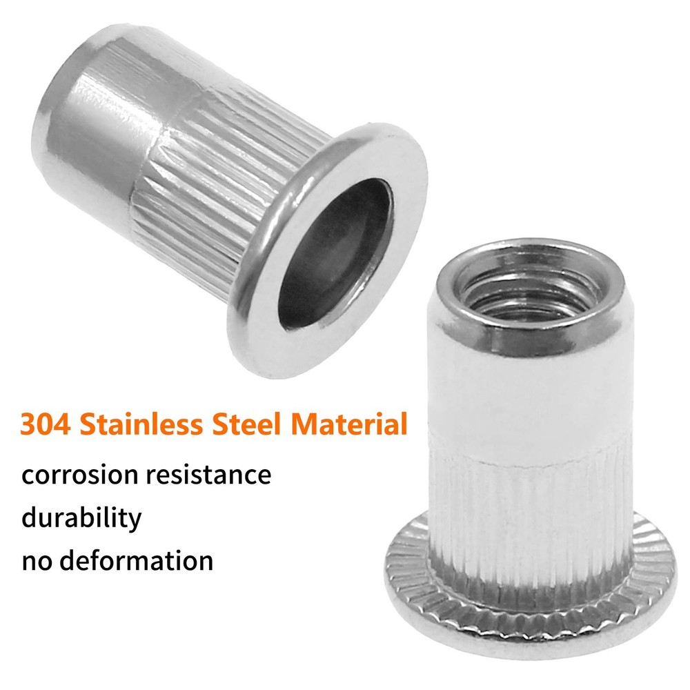 60Pcs M6 Rivet Nuts, 304 Stainless Steel Flat Head Rivnut Threaded Insert Nutse
