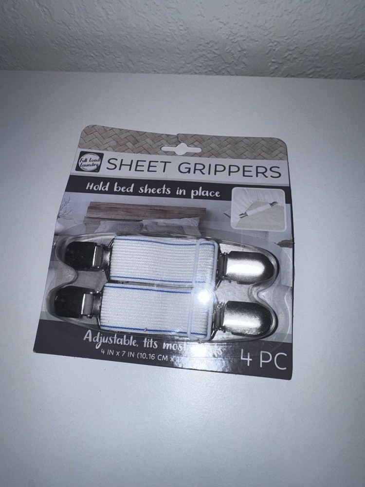 Full Load Laundry Bed Sheet Grippers Adjustable Clips White Elastic Metal 4 PC