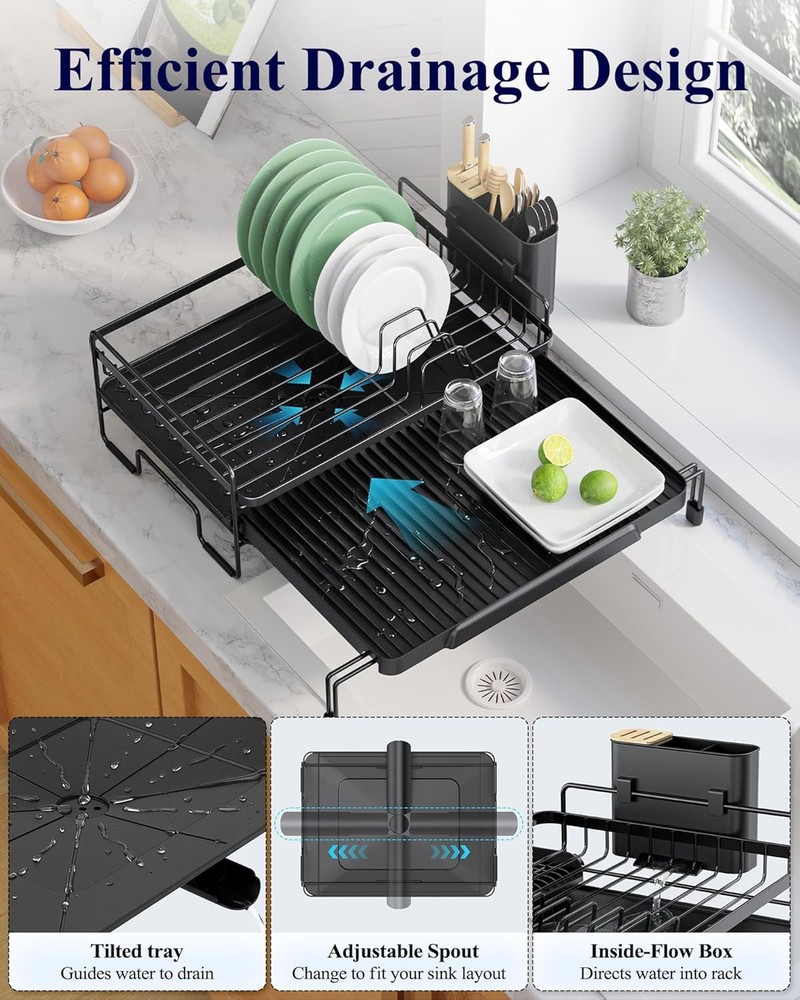 Extendable Dish Drying Rack Adjustable Length 12.8"–21.0" Auto-Draining Dish