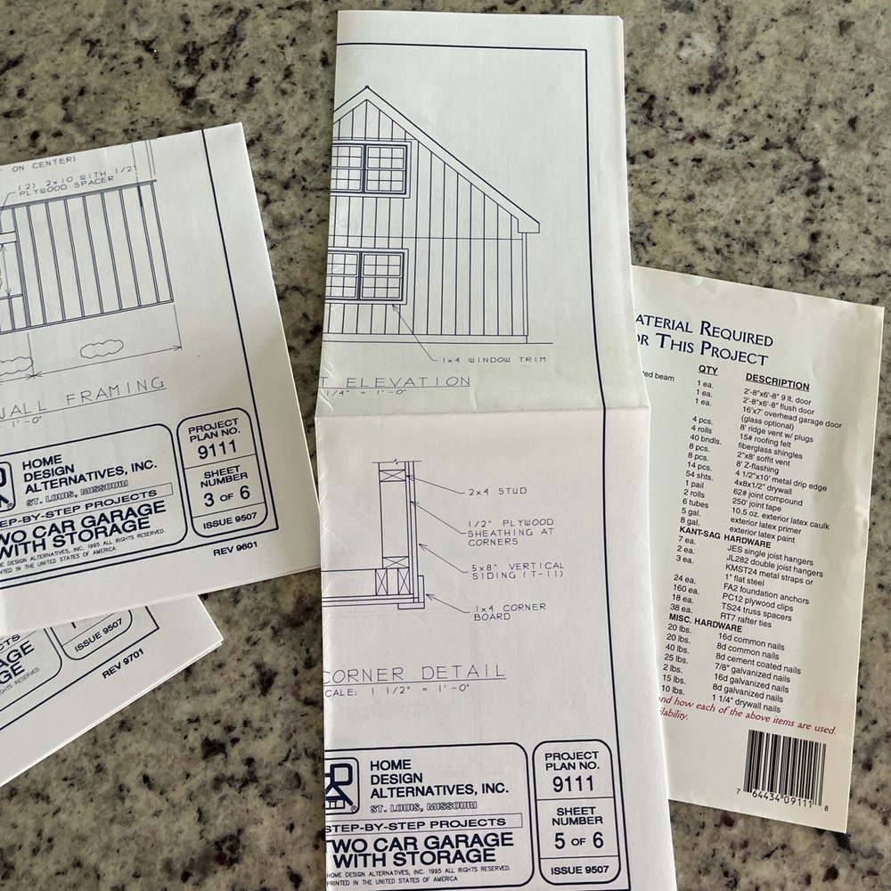 1995 2 Car Storage Garage Blueprint Pkg Complete Instructions Material List Plan