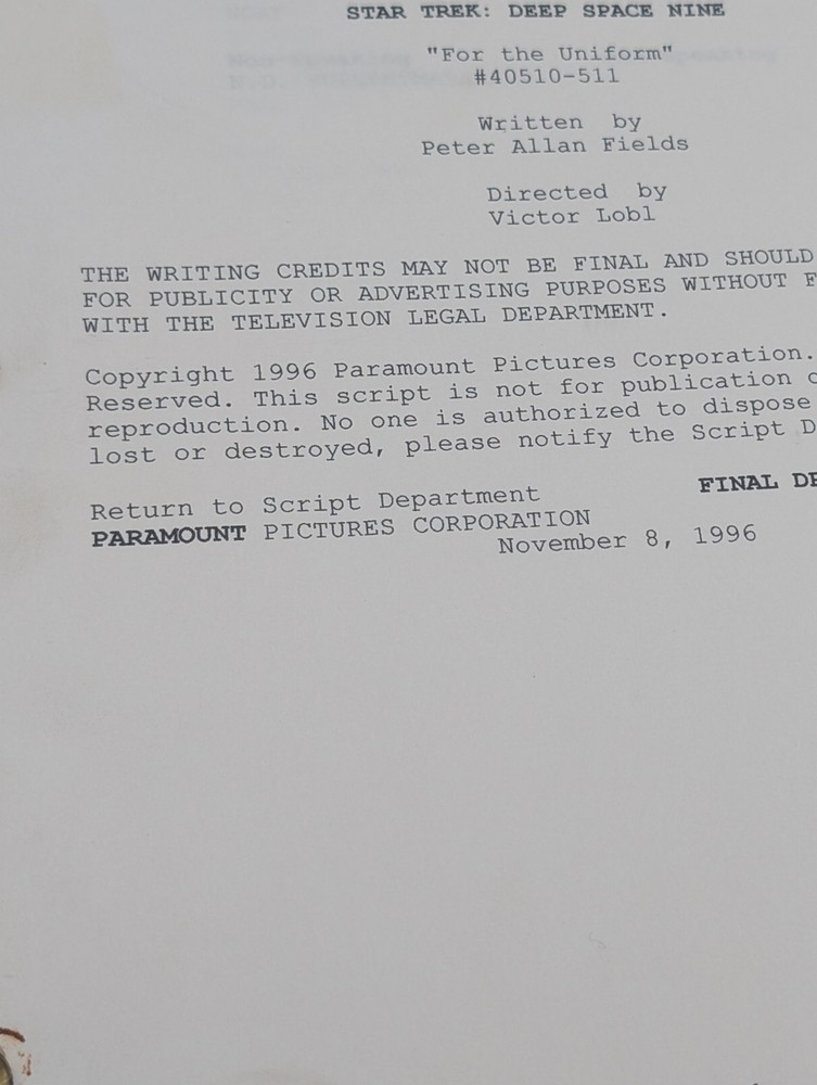 Star Trek Deep Space Nine Script For the Uniform #40510-511 Final Draft 1996