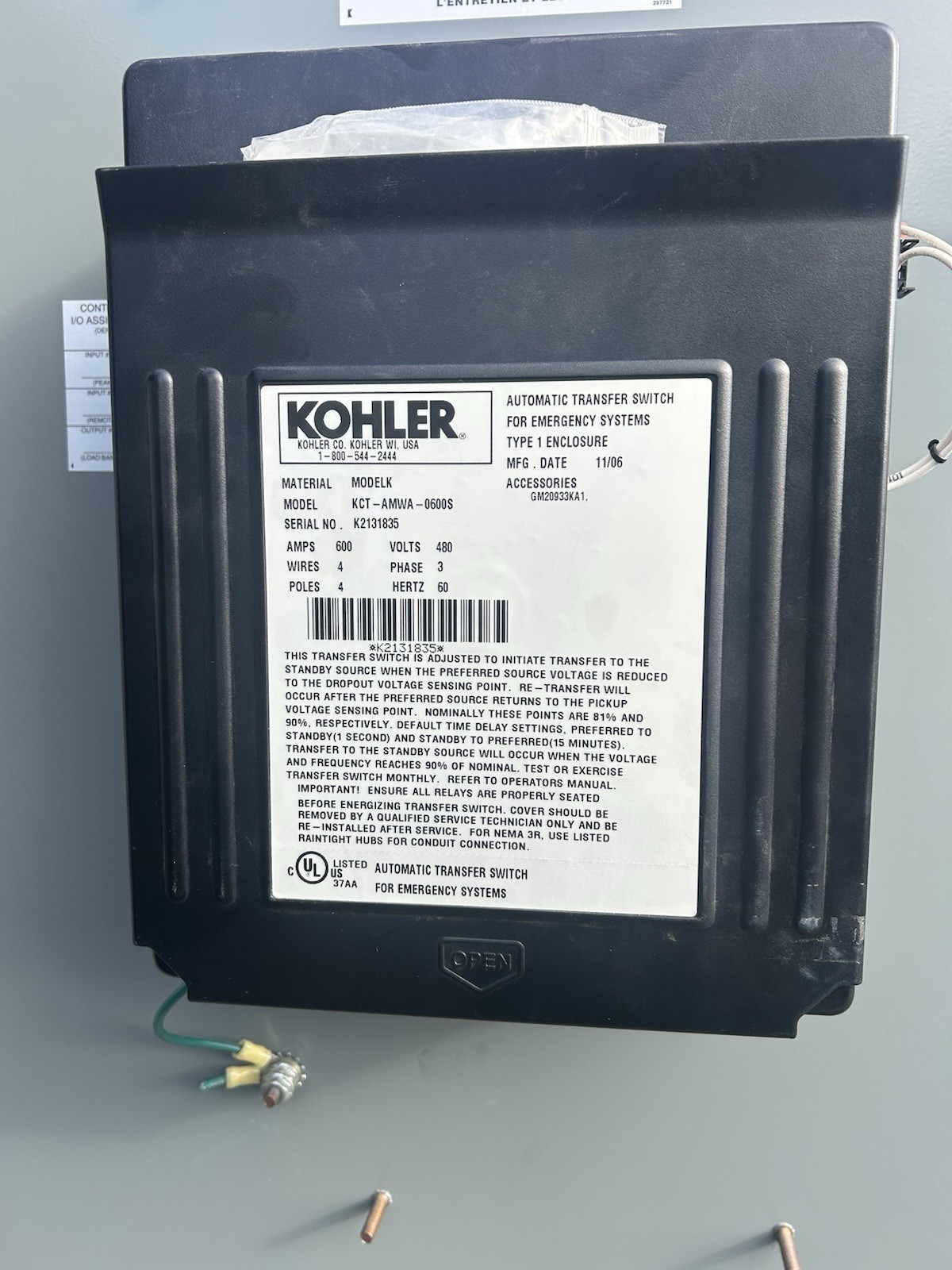 KOHLER KCT-AMWA- 0600S 600A 480V AUTOMATIC TRANSFER SWITCH