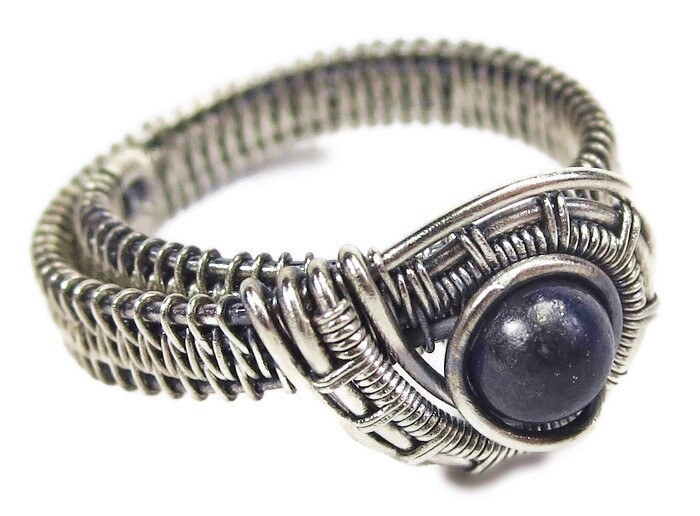 Lapis Lazuli Adjustable Ring, Woven in Sterling Silver Wire