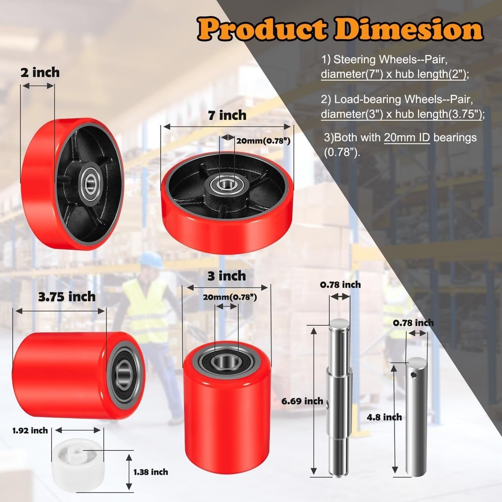 Pallet Jack Full Replacement Kit Steering Wheels 7"x2" Front Load Roller 3"x3.75