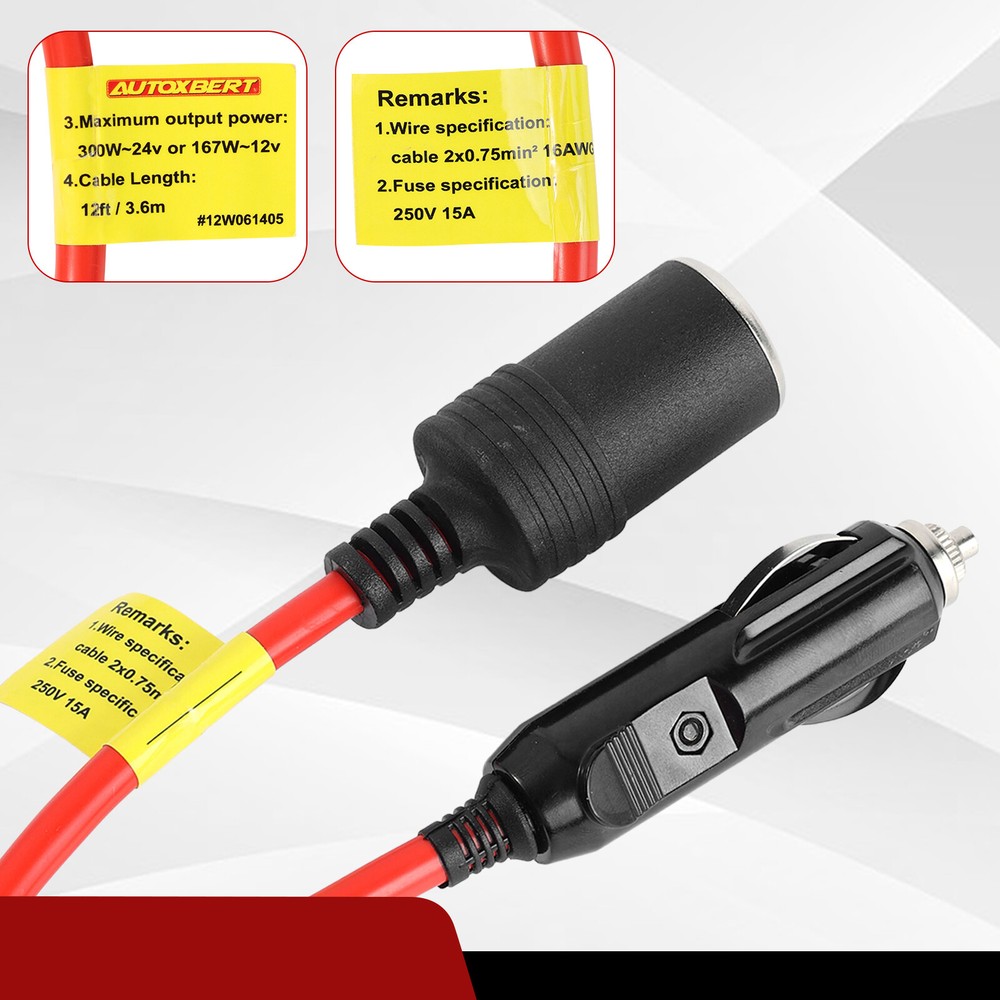 12ft 12V Cigarette Lighter Extension Cord Cable DC Power Heavy Duty Socket Plug;