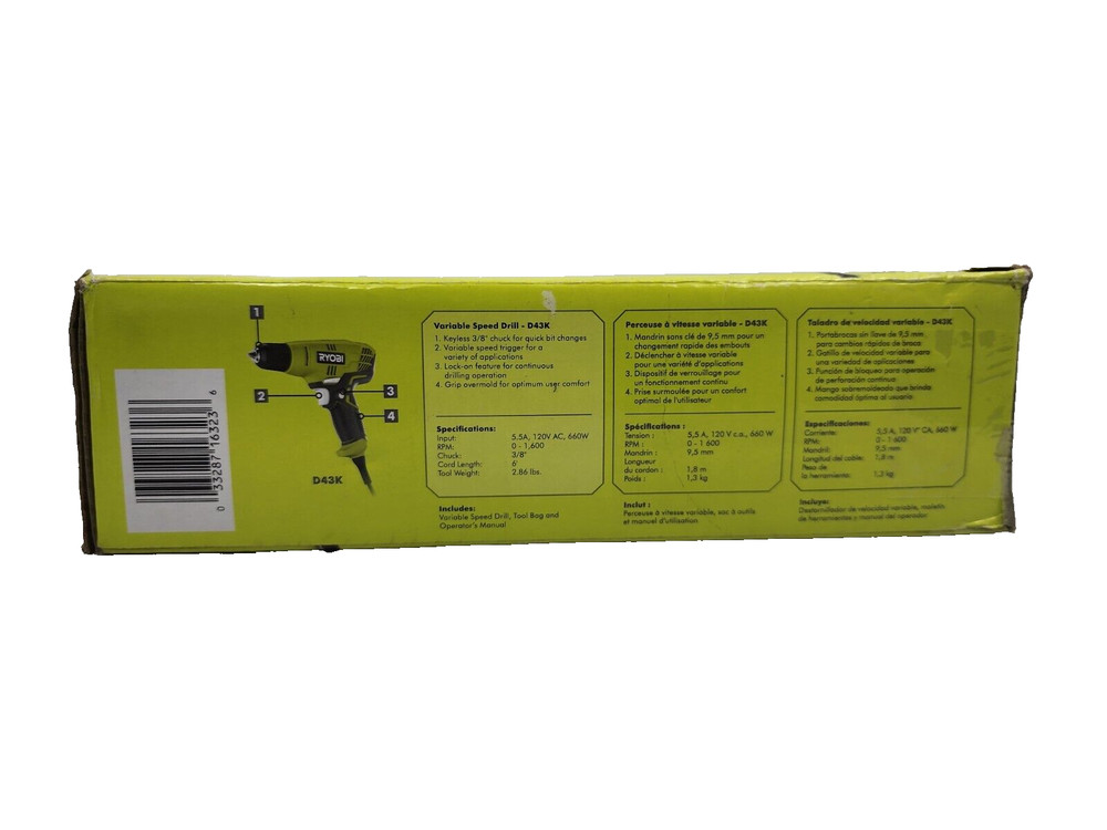 Ryobi D43K 5.5 Amp Corded 3/8 in. Variable Speed Compact Drill/Driver with Bag