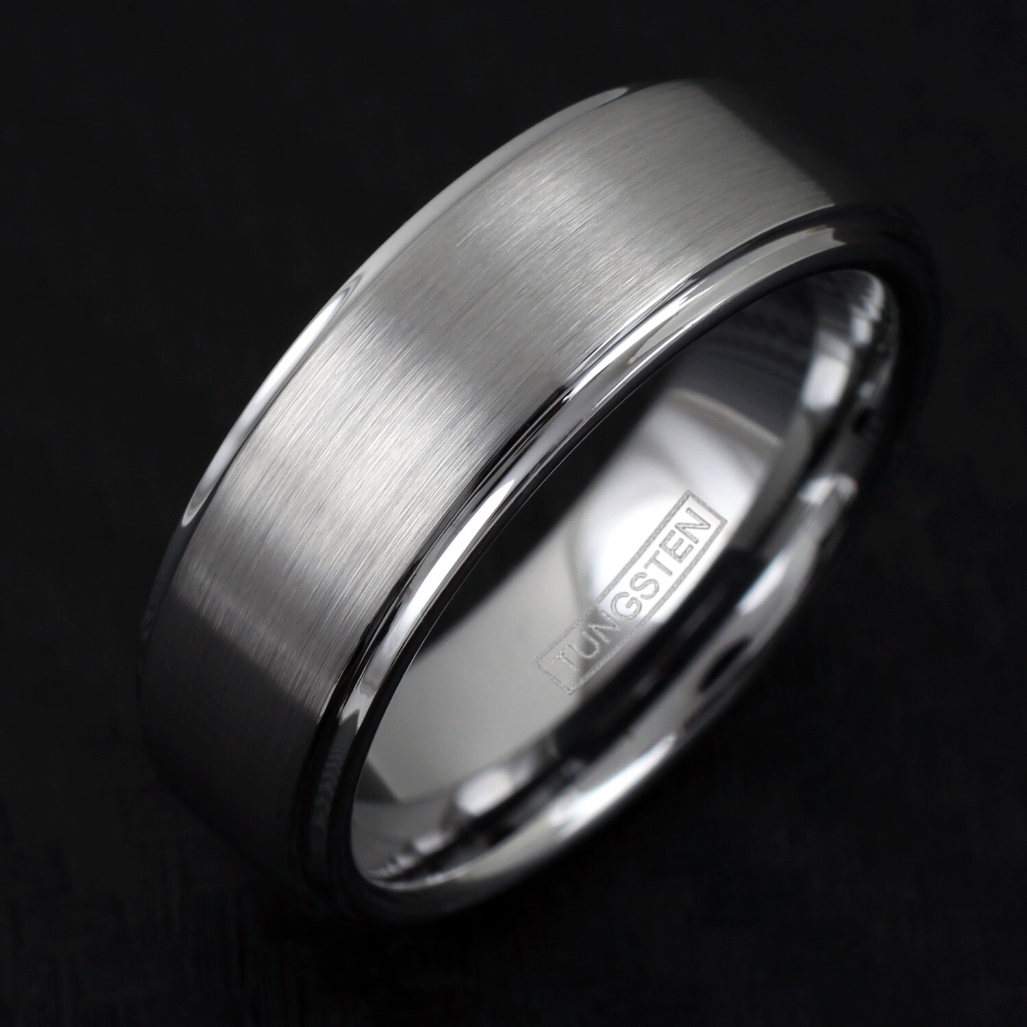 8mm Tungsten Men's Ring Brushed Center Step Edge Wedding Band