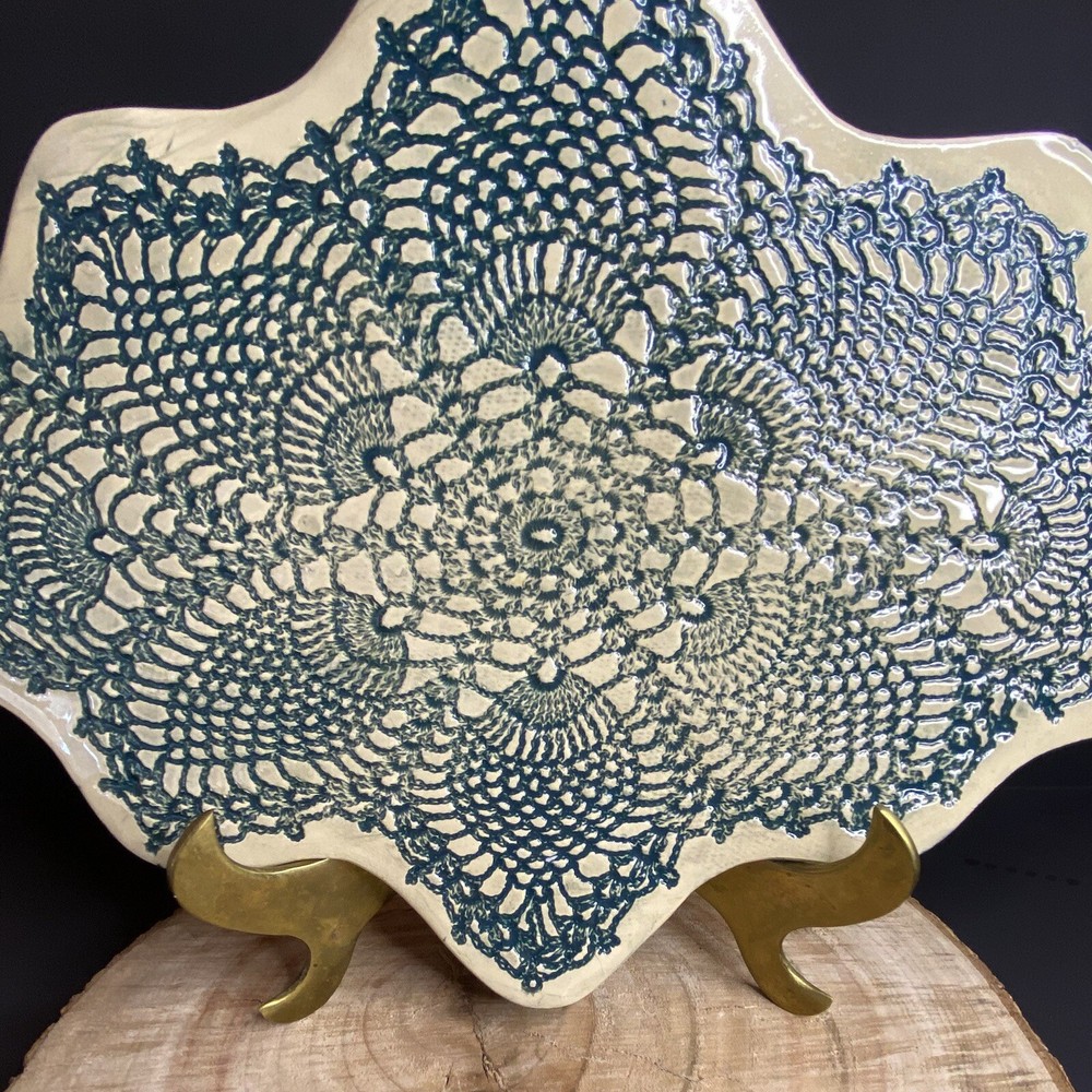 Handcrafted Plate/Dish Imprinted Doily Design Studio Art Pottery Blue Glazed