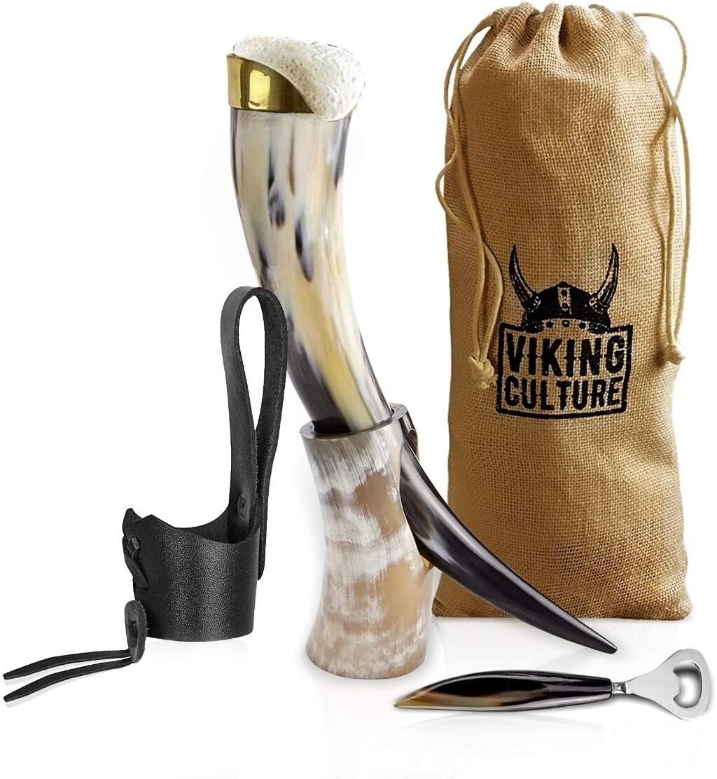Viking Culture 16 Oz. Viking Drinking Horn W/ Beer Opener Stand Genuine Leather