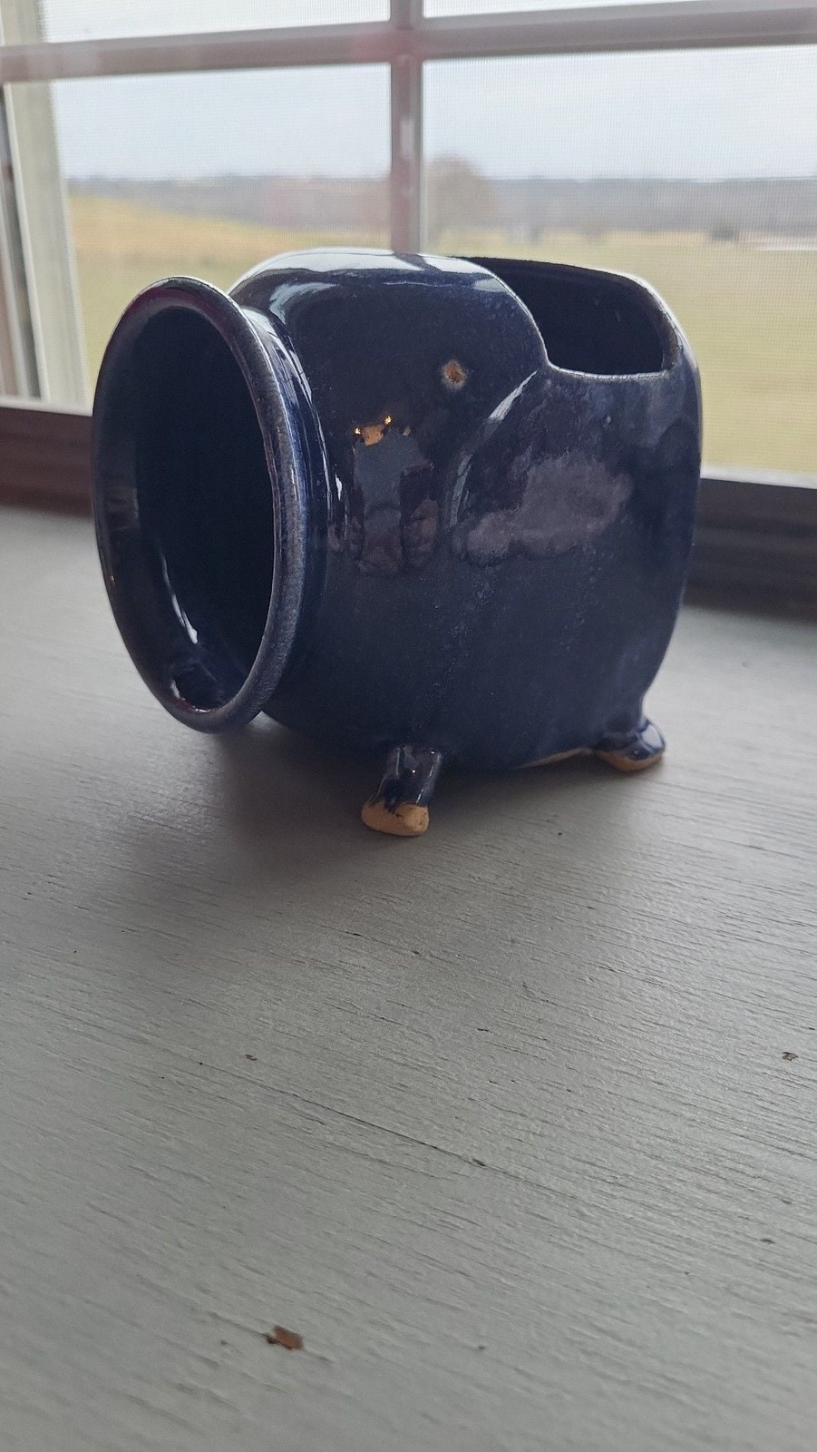 Handcrafted Cobalt Blue Glazed Ceramic Salt Pig or Cellar with Tripod Feet, Sign