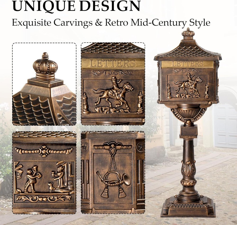 Cast Aluminum Post Mailbox, Locking Residential Mailboxes with Keys, Rust-Proof