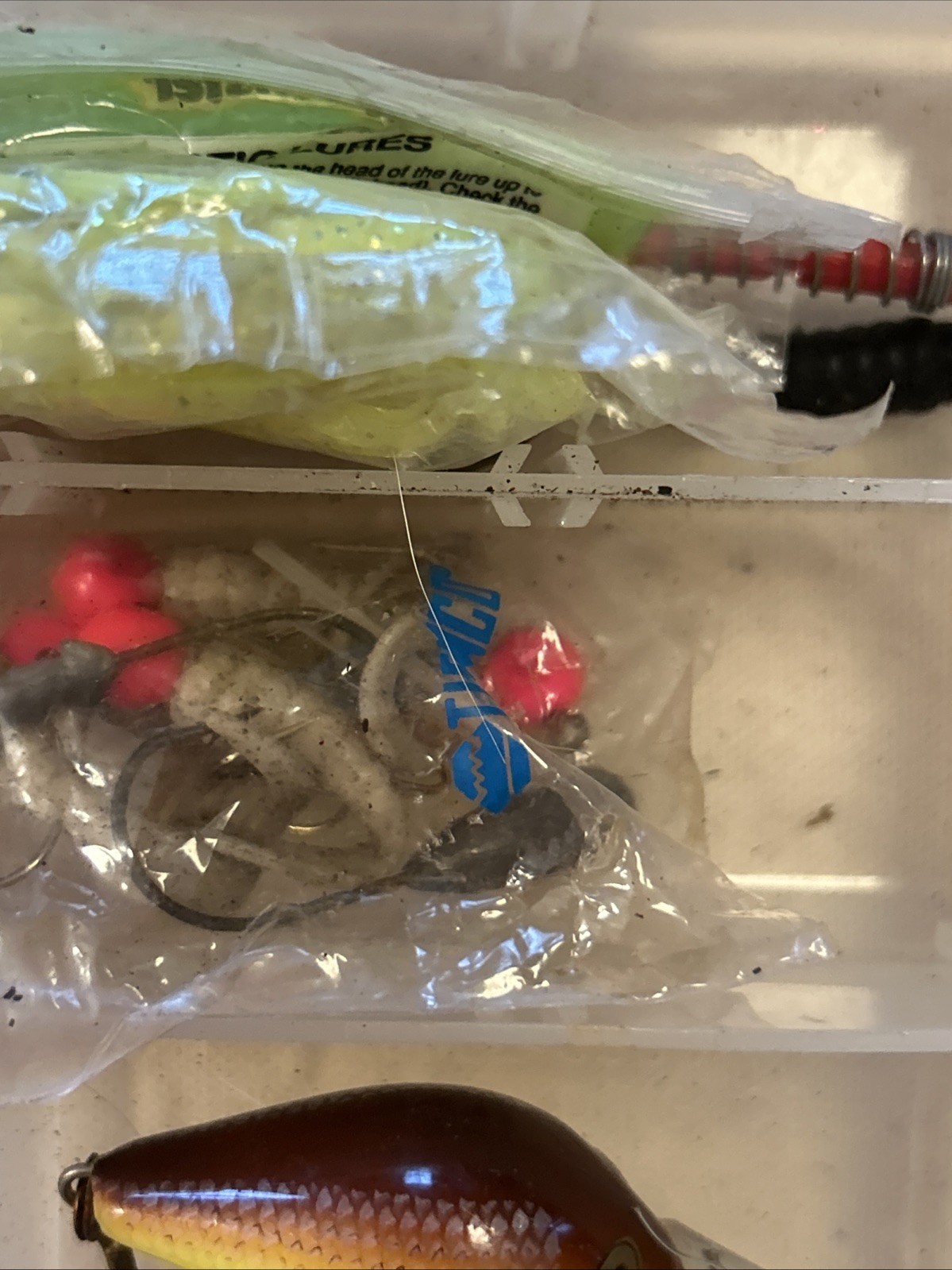 Plano Clear Tackle Box 3500 With Lures Weights Plastic Worms LOT Fishing Fish
