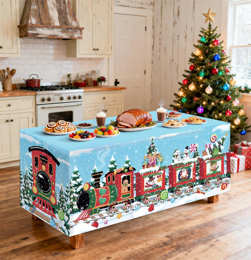 6 Ft Christmas Table Cloth Rectangle Red Train Tablecloth Washable Fabric Polyes