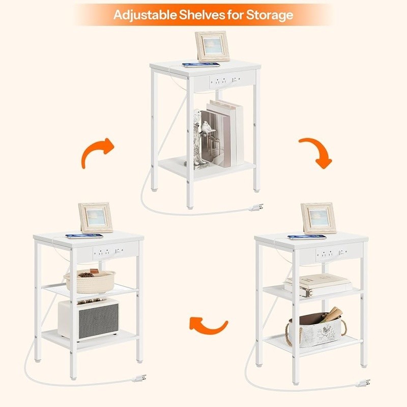 Multifunctional Side Table W/ Outlets USB Charging Adjustable Shelves Storage