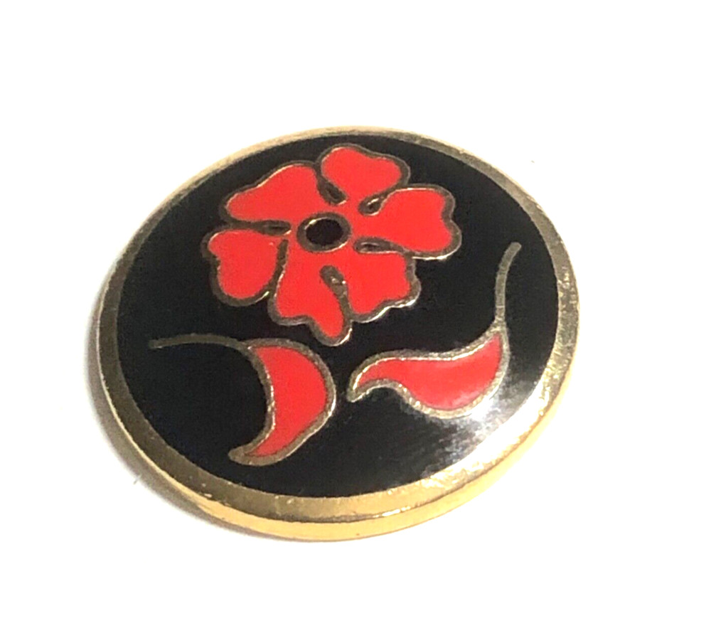 Red Flower on Black Enamel Gold Metal Button, LaMode Backmark