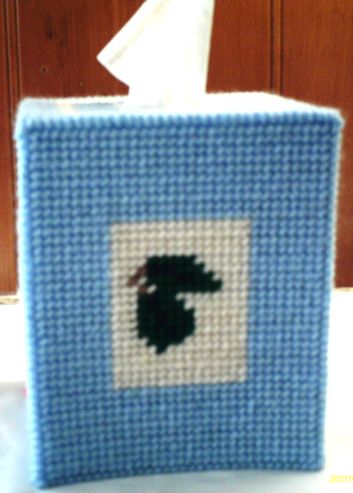 "Nuthatch & Leaves" Tissue Box Cover (Plastic & Yarn) Finished