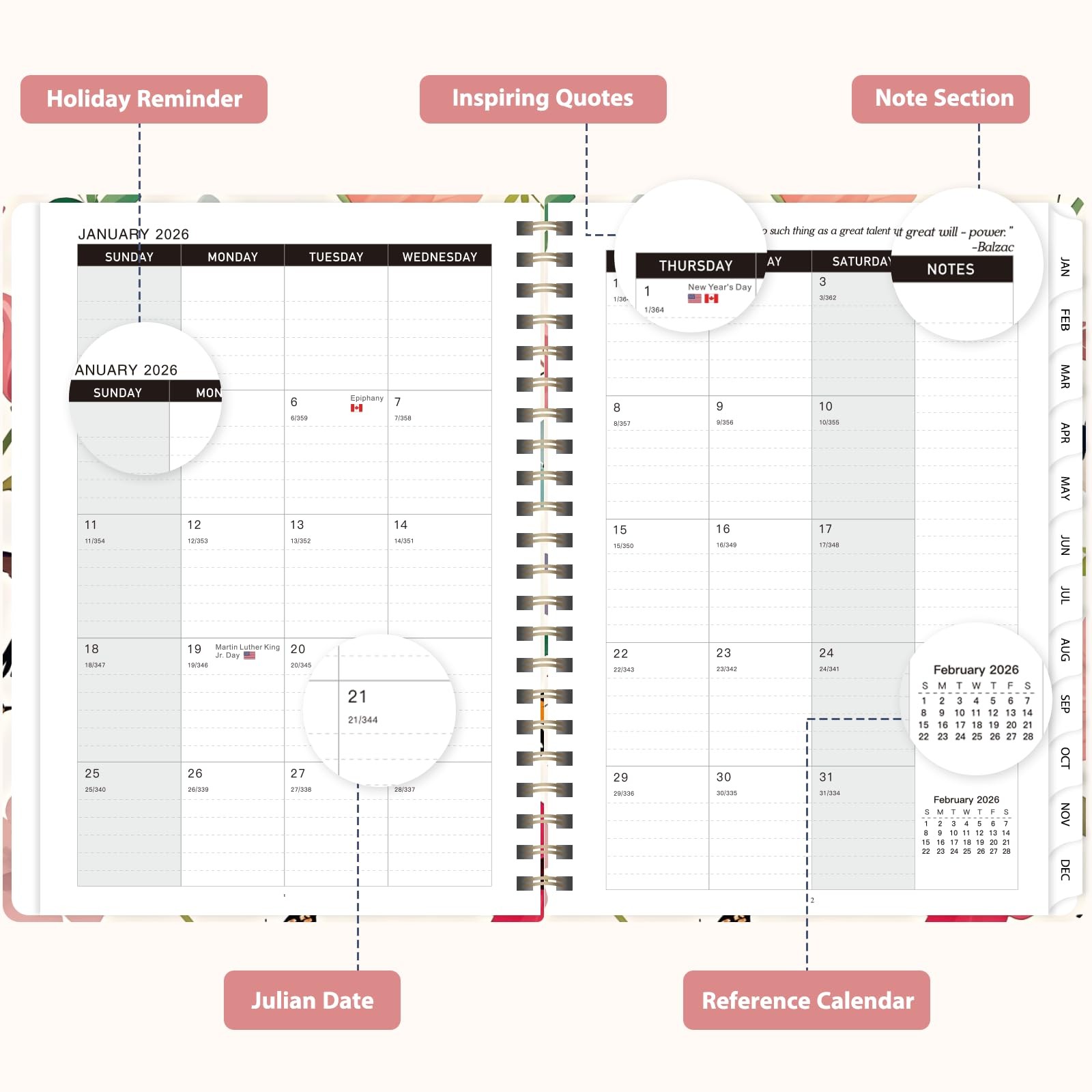 2026 Planner, Weekly and Monthly Calendar Planner Agenda, Jan 2026 - Dec 2026,