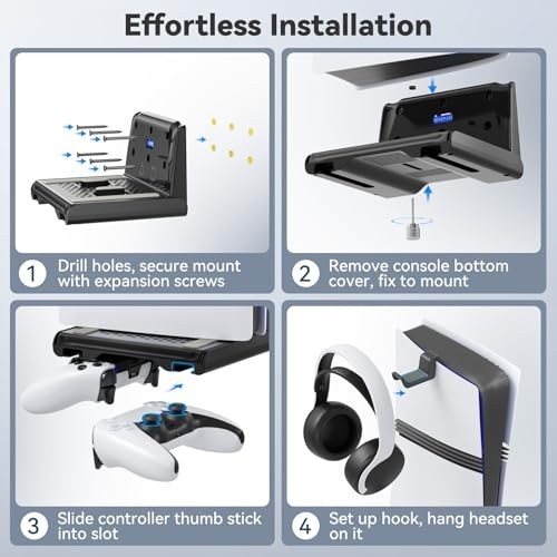 Wall Mount Kit for PS5, Slim & Pro - Floating Shelf with Controller Holder & Hea
