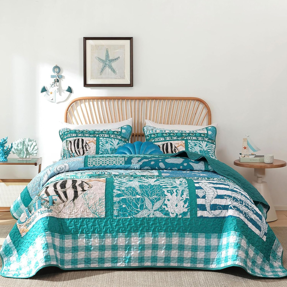 Coastal King Size Quilt Set 3PC Reversible Lightweight Ocean Patchwork Bedspread