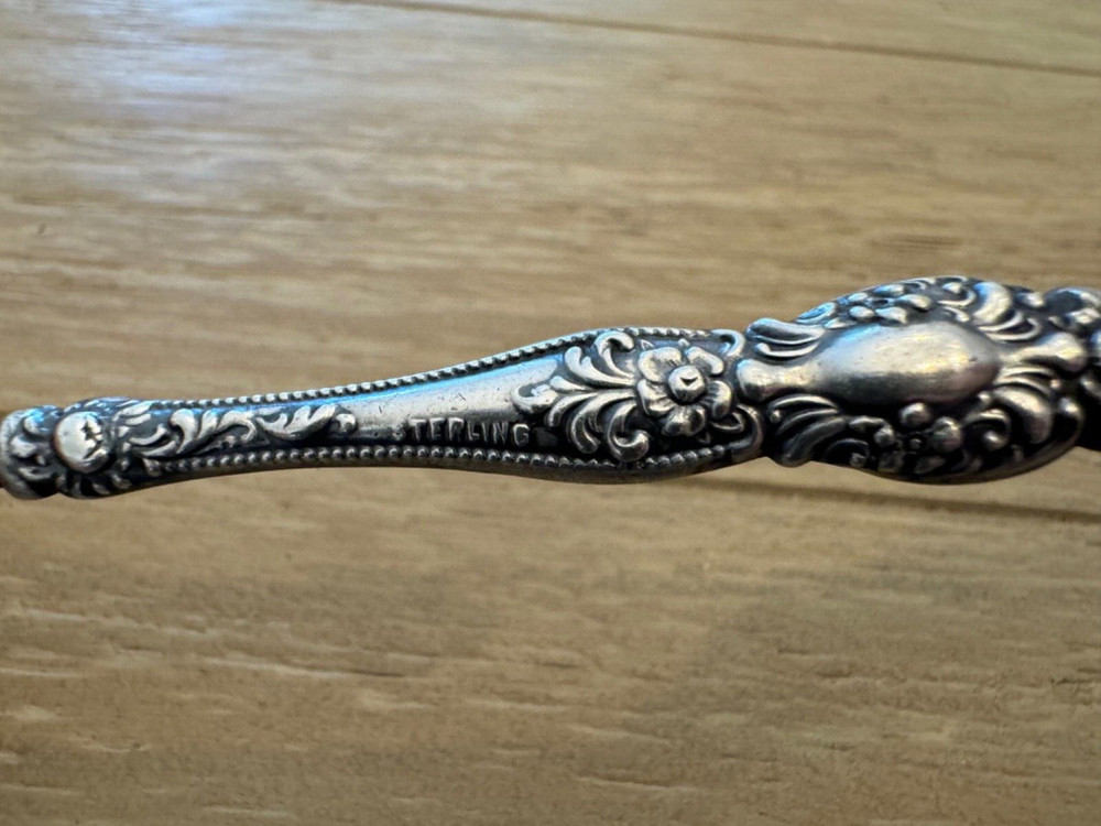 Antique Sterling Silver Handle Button Hook Beaded Floral & Scrolling Design