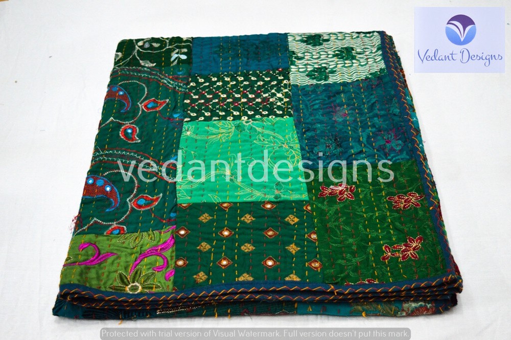 Indian Handmade Patchwork Kantha Quilt Reversible Bedspread Queen Cotton
