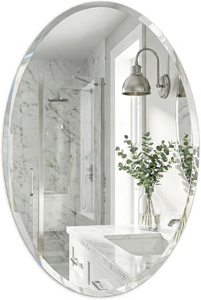 20"X28" Frameless Oval Bathroom Mirror, Beveled Vanity Mirror with Solid Backing