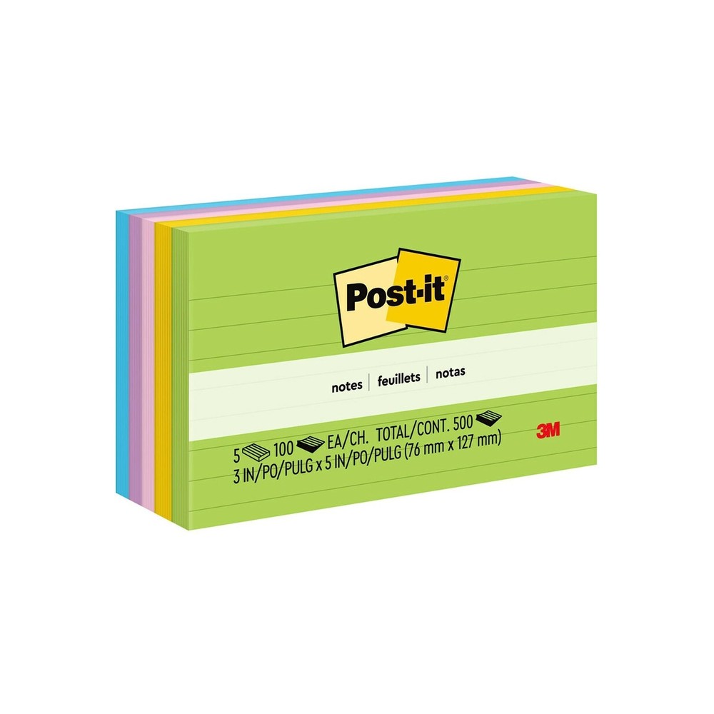 Post-it Notes, 3 in x 5 in, 5 Lined Sticky Notes Pads, 100 Sheets per Pad, Fl...