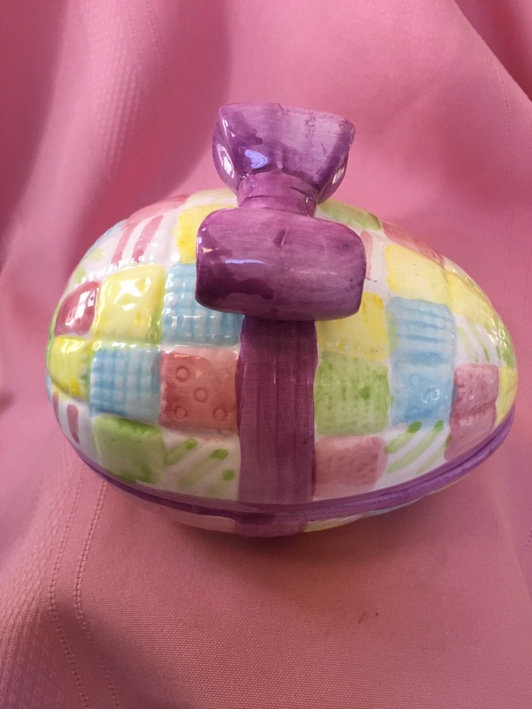 Easter Egg Quilt Patchwork Design Bow Box Ceramic - No Box {Item 367}