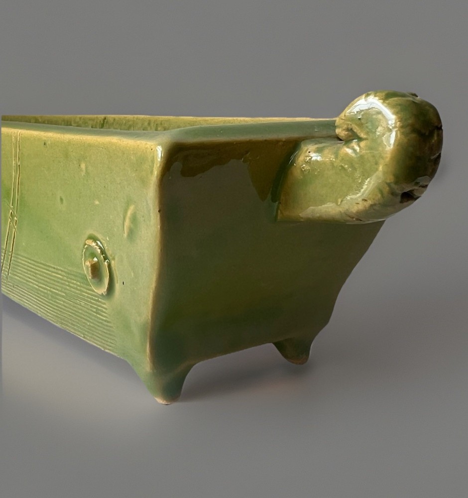 Handmade Studio Pottery Rectangular Dish Green Glazed Ceramic Tray With Handles