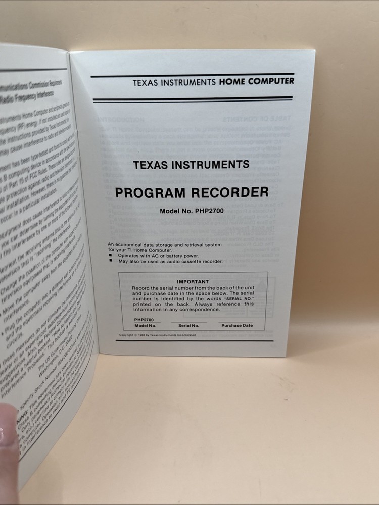 Texas Instrument (TI) Program Recorder Model Manual Only #PHP2700 1982